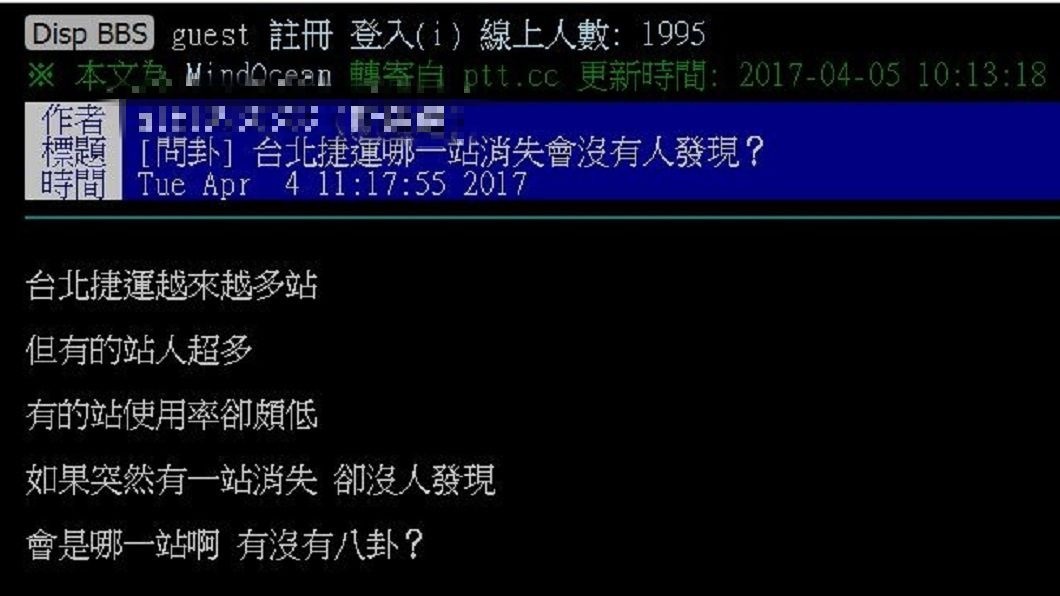 有網友好奇詢問若是台北捷運哪一站消失,民眾也不太會發現?(圖/翻攝自PTT)