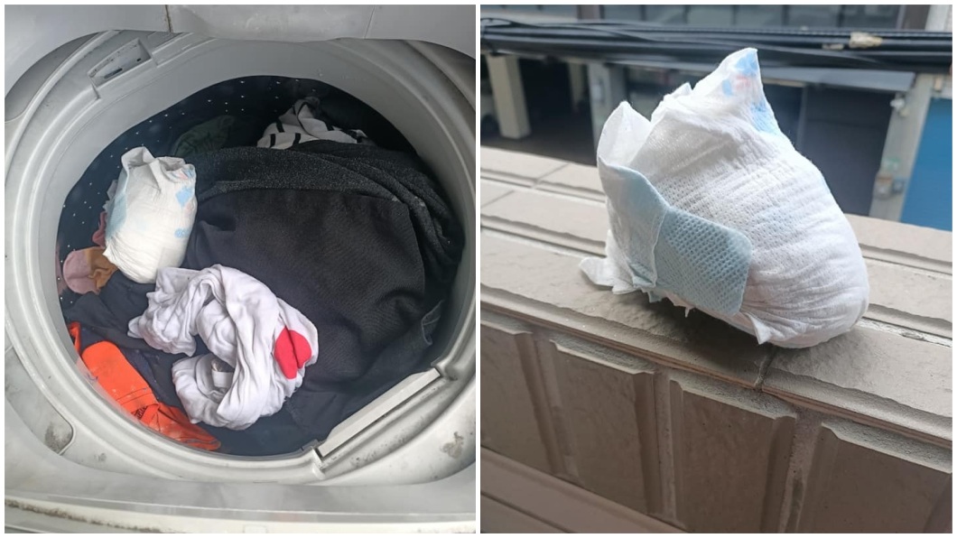 女網友竟然把小孩的尿布丟進去洗衣機內,害她崩潰整個衣服要重洗。(圖/翻攝自爆怨公社)