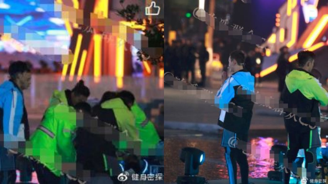 高以翔現場搶救畫面,藝人陳偉霆轉身雙手合十祈禱。圖/翻攝自健身密探微博