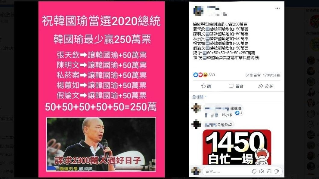 最近在韓粉社團流傳一張圖，指稱民進黨深受5大案件影響，韓國瑜會大贏蔡英文250萬票。(圖／翻攝自臉書)