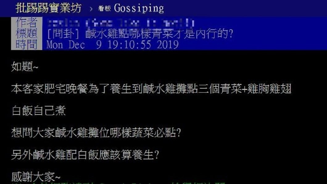有網友好奇詢問點鹹水雞要搭配哪種青菜才對味呢?(圖/翻攝自PTT)