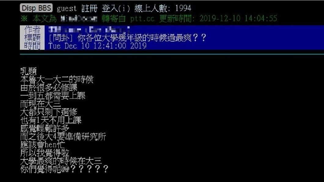 有網友詢問大學四年哪年過最爽?不少過來人說是大二。(圖/翻攝自PTT)