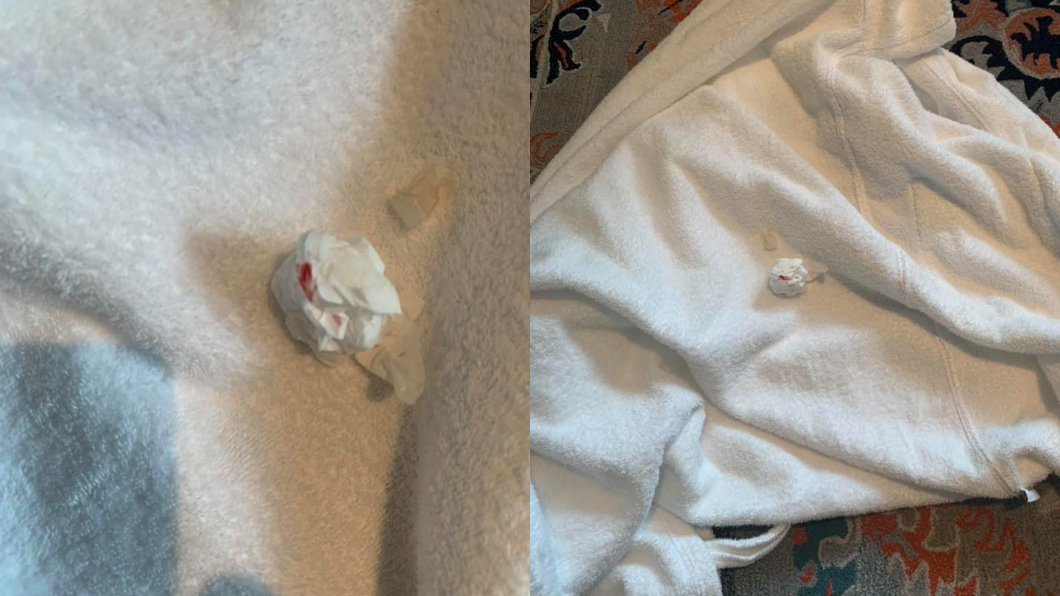 侯佩岑發現一張沾有血漬的衛生紙黏在浴袍內側。圖／翻攝自侯佩岑 Patty Hou Facebook
