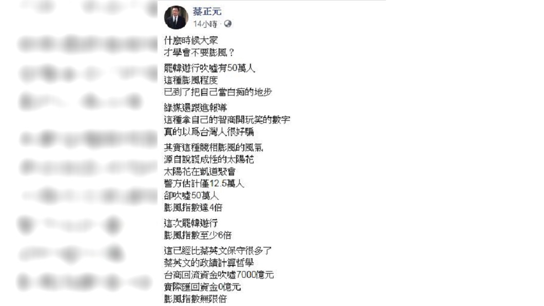 國民黨副秘書長蔡正元在臉書發文,酸罷韓團體宣稱50萬人是膨風,以為台灣人很好騙。(圖/翻攝自蔡正元臉書)