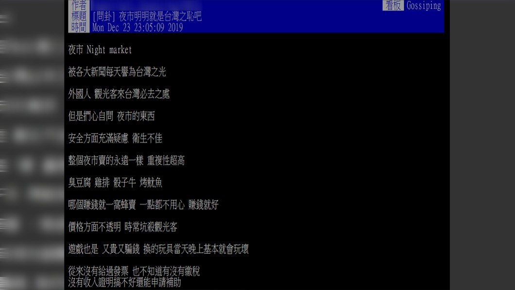 原PO認為夜市是台灣之恥。圖/翻攝自PTT