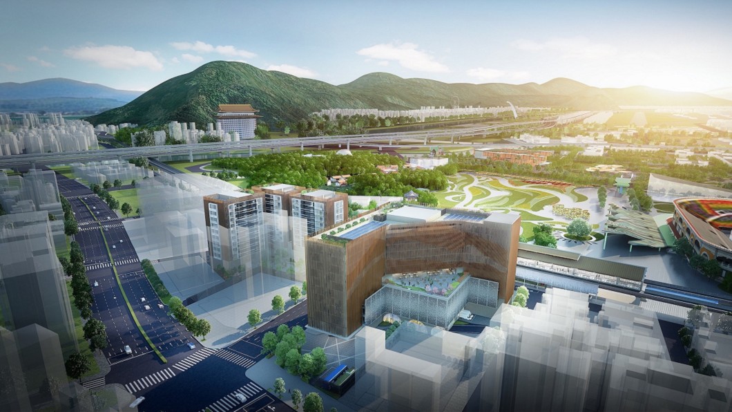麗寶圓山捷運西側開發案_擁抱當代藝術園區,遠眺陽明山及基隆河景模擬圖。(圖/麗寶集團提供)