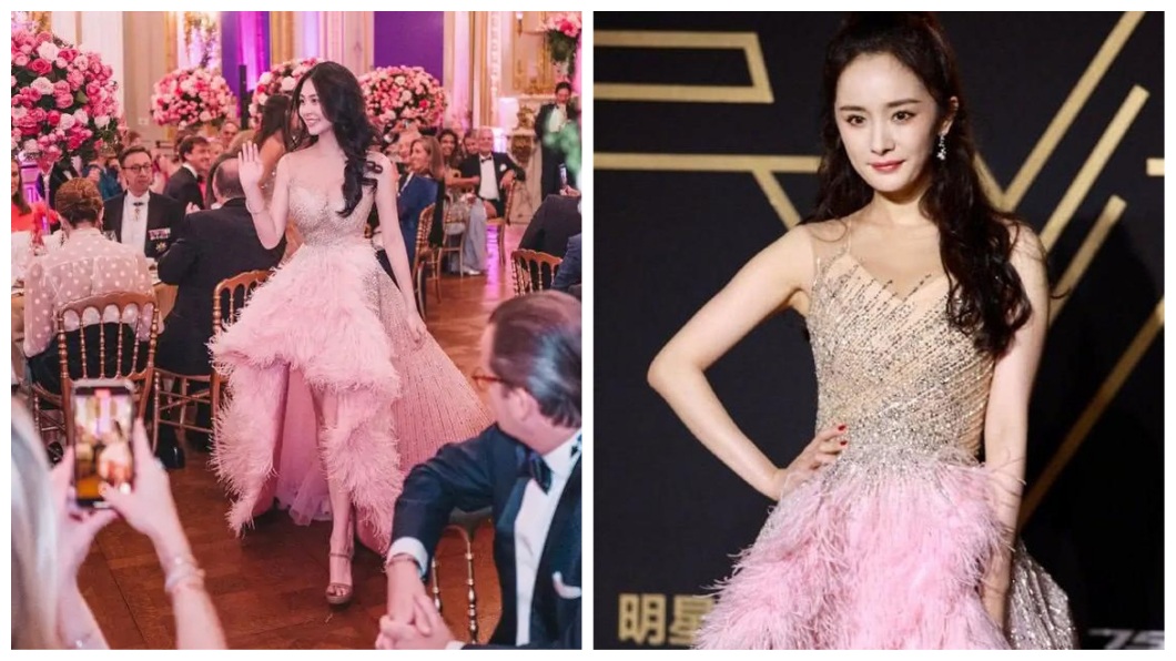2人先後都曾穿同一套粉色羽毛禮服出席活動，結果網友狂讚沈月而猛酸楊冪。(圖／翻攝自臉書和微博合成)