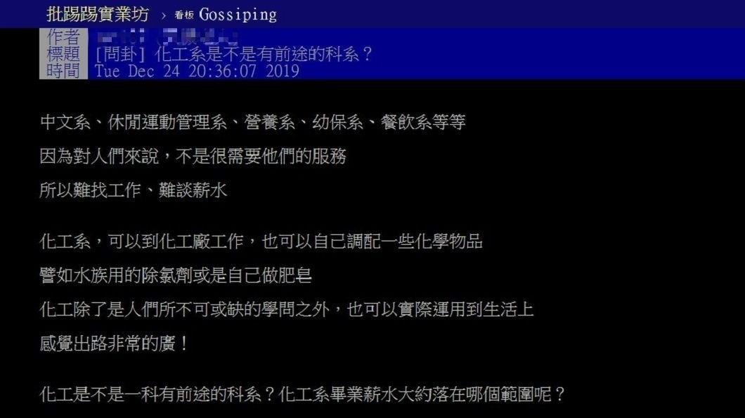 有網友發文詢問選擇就讀化工系的未來前途為何。(圖/翻攝自PTT)