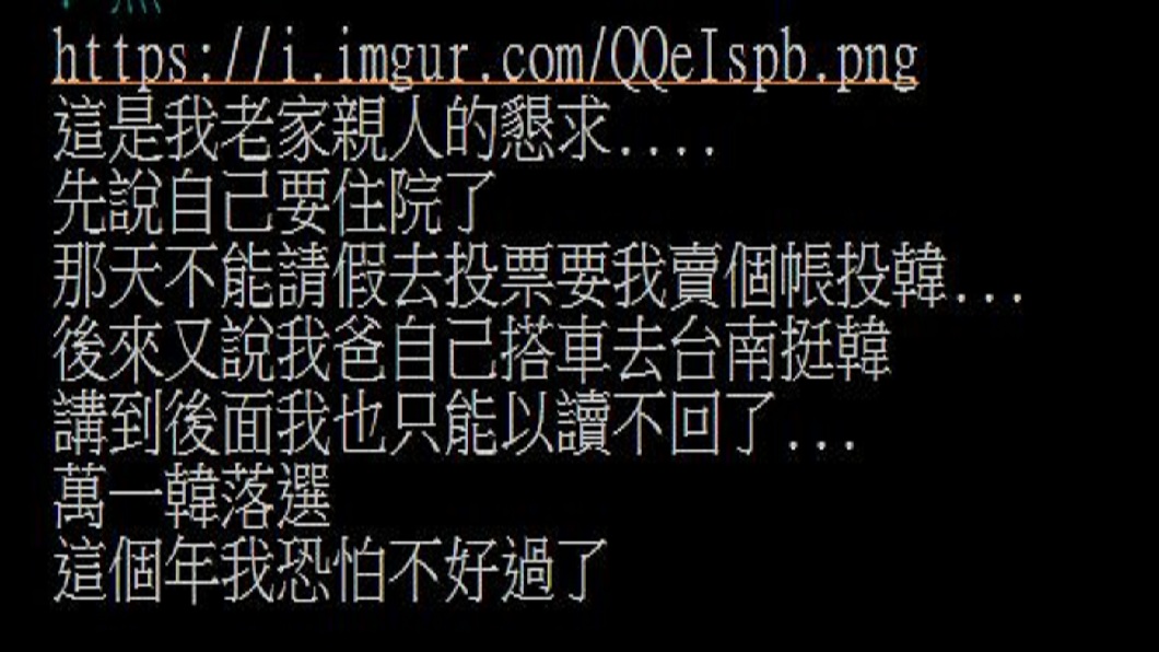 1名網友在PTT分享,被父母親要求回家投給韓國瑜。(圖/翻攝自PTT)