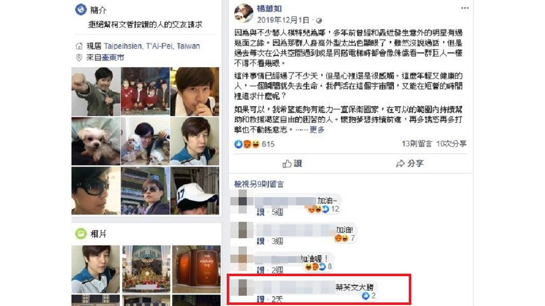 有網友在楊蕙如臉書留言「蔡英文大勝」竟意外釣出楊蕙如本人默默按讚。(圖/翻攝自楊蕙如臉書)