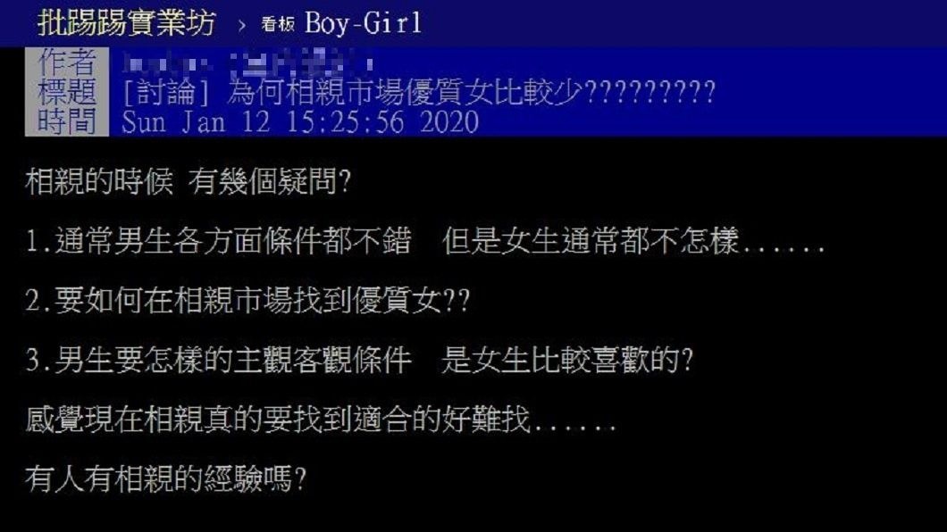 有網友好奇發文詢問，在相親市場上似乎比較難遇到優質女生。(圖／翻攝自PTT)