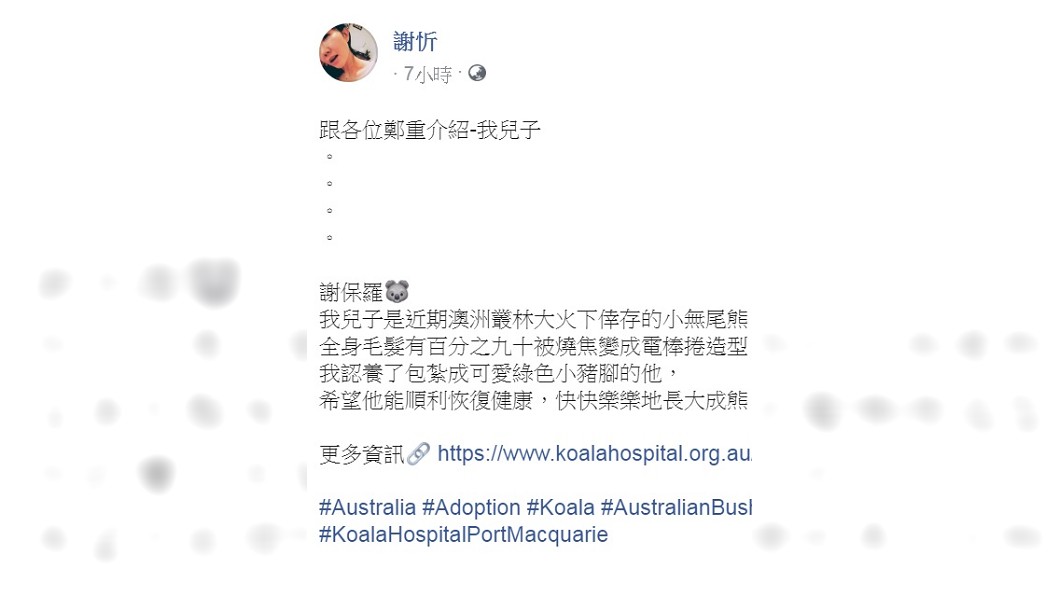 謝忻透露認養了一隻無尾熊。(圖/翻攝自謝忻臉書)