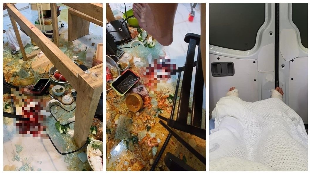 現場餐桌玻璃和火鍋都散落一地,地上還混雜著血跡。(圖/翻攝自臉書)