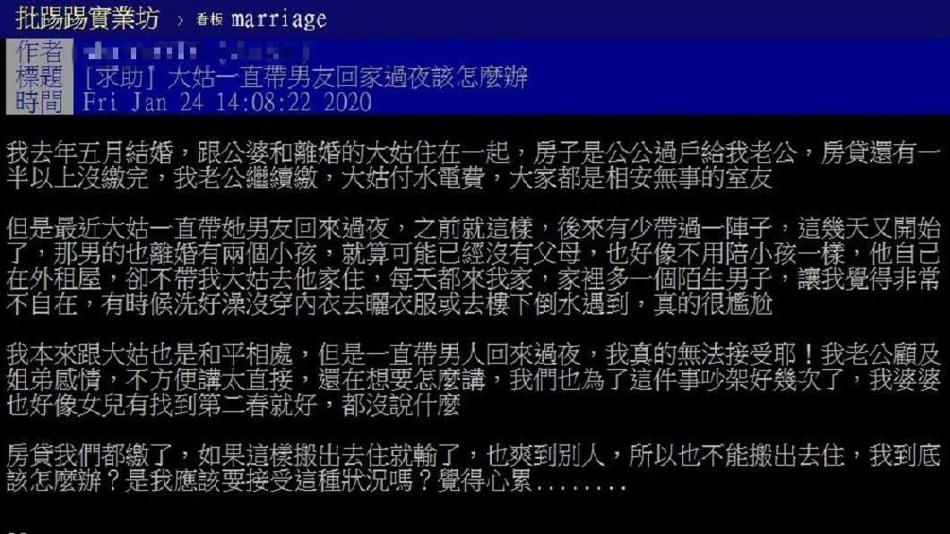 1名人妻發文抱怨離婚的大姑一直帶男友回家過夜,讓她很不自在。(圖/翻攝自PTT)