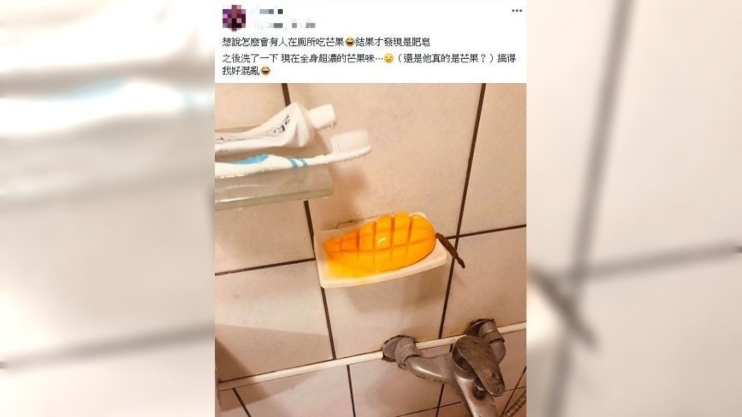 1名網友分享家中廁所的肥皂架上,出現了1塊芒果肥皂,造型實在太逼真了。(圖/翻攝自爆廢公社二館)