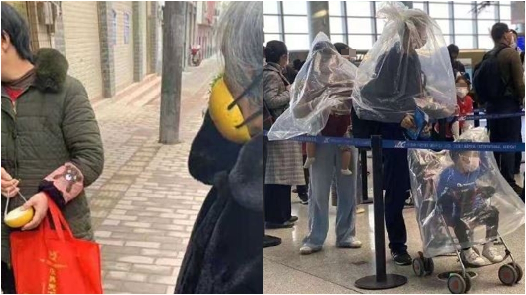 武漢肺炎疫情延燒,網流傳大陸人民自製防護口罩照片。(圖/翻攝自微博)