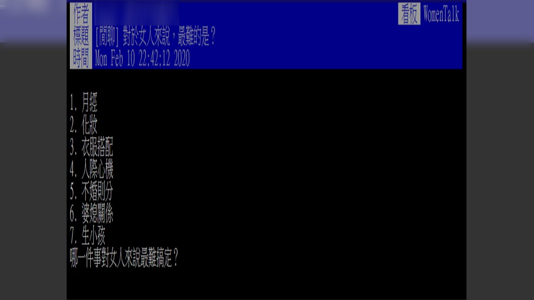 原PO很好奇當女人最苦的是啥。(圖／翻攝自PTT)