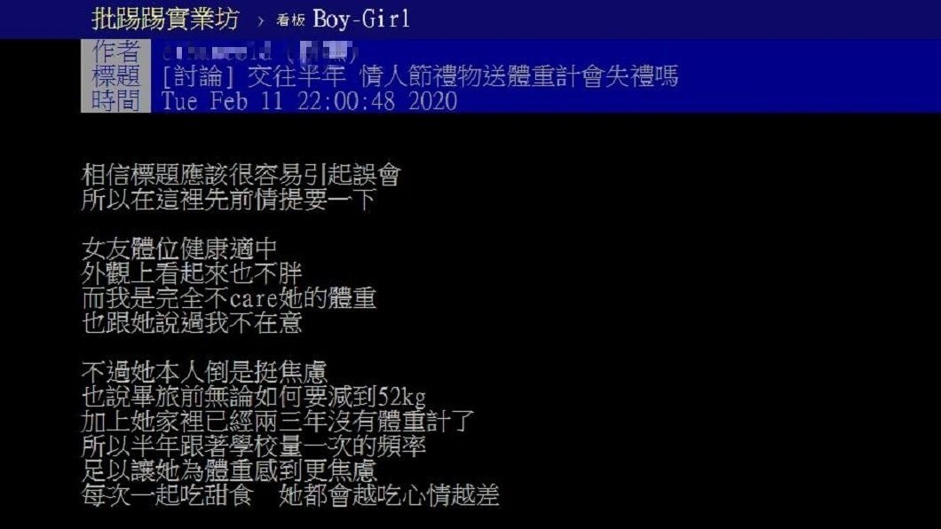 1名男網友表示預計要在情人節這天送女友體重計當禮物。(圖/翻攝自PTT)