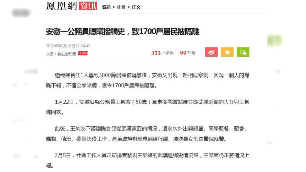 安徽1名公務員隱匿長女從武漢返鄉回來,結果不但導致他們一家四口都被確診感染,還害社區1700多戶居民被居家隔離。(圖/翻攝自鳳凰網)