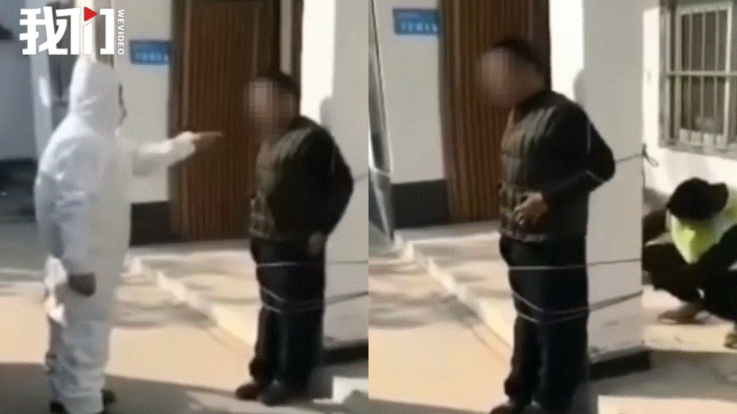 執法過當?男沒戴口罩被綁在柱上 防疫人員:嚇唬他而已