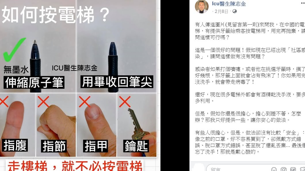 陳志金醫師曾分享如何按電梯。(圖／翻攝自「Icu醫生陳志金」臉書)