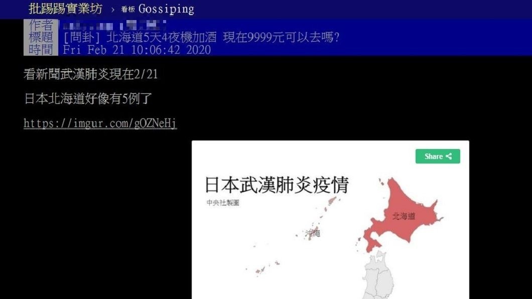 有網友發文詢問，朋友跟他說現在去北海道5天4夜機加酒只要9999元，猶豫是否該去嗎？(圖／翻攝自PTT)
