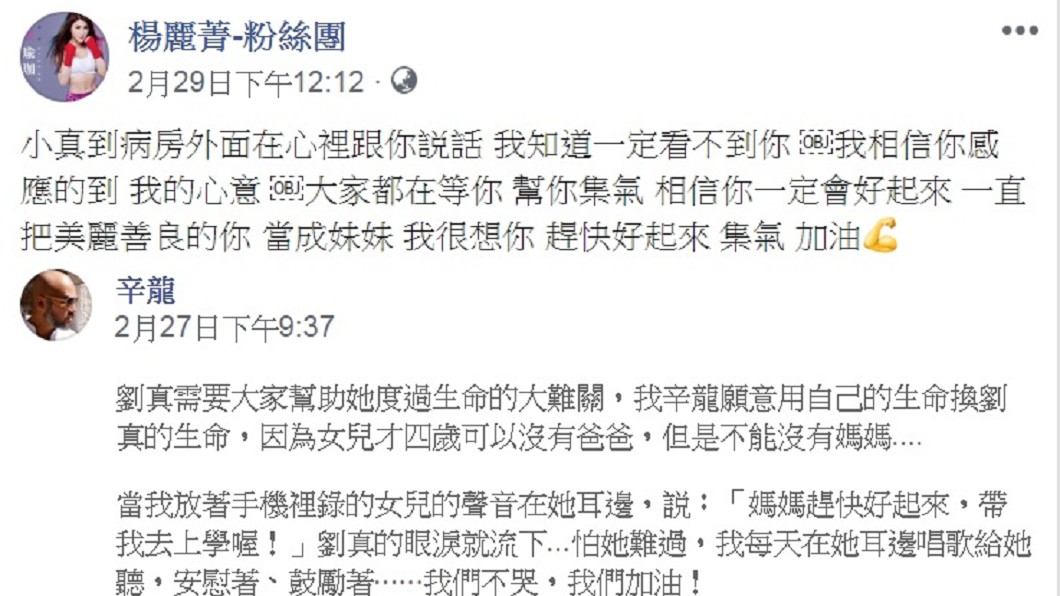 楊麗菁透露自己日前到病房外陪劉真說話。(圖/翻攝自楊麗菁臉書)