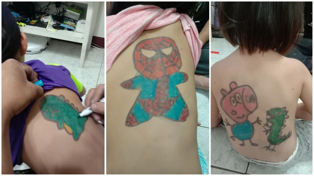 1名女網友分享,自己的老公日前在家裡照顧3個孩子時,竟然拿她們的背作畫。(圖/翻攝自爆怨公社)