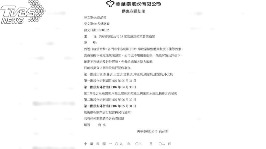 美華泰發給各供應商的通知函。(圖/讀者提供)