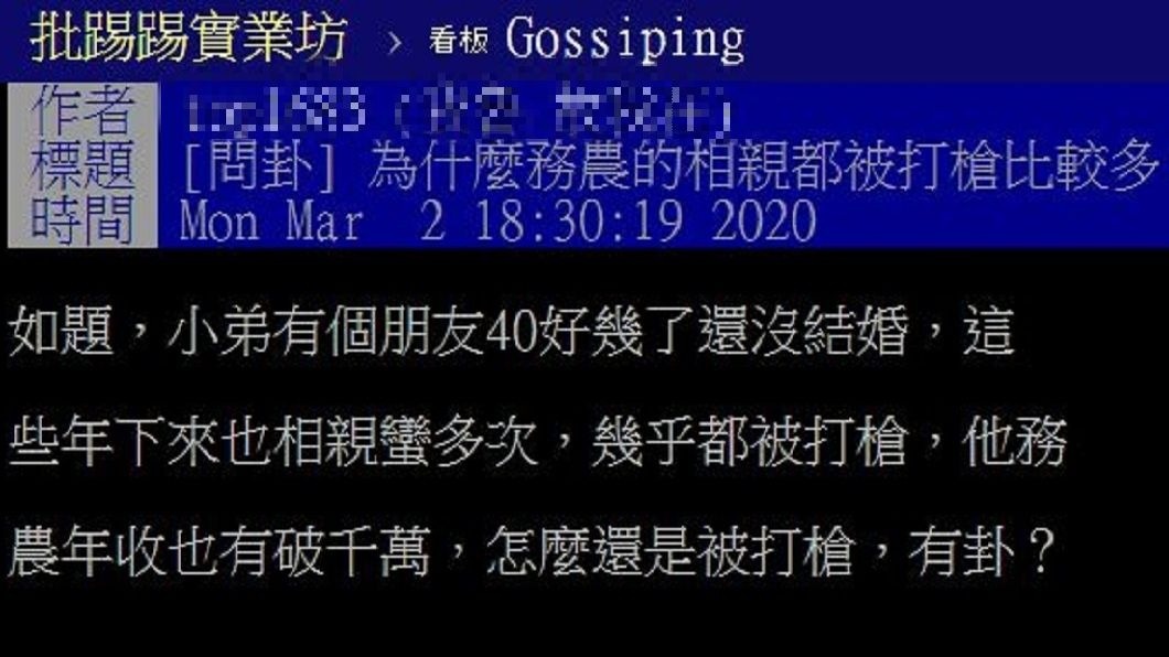 有網友分享身邊1名40多歲、職業是務農的男姓友人,每次相親都被女方打槍。(圖/翻攝自PTT)