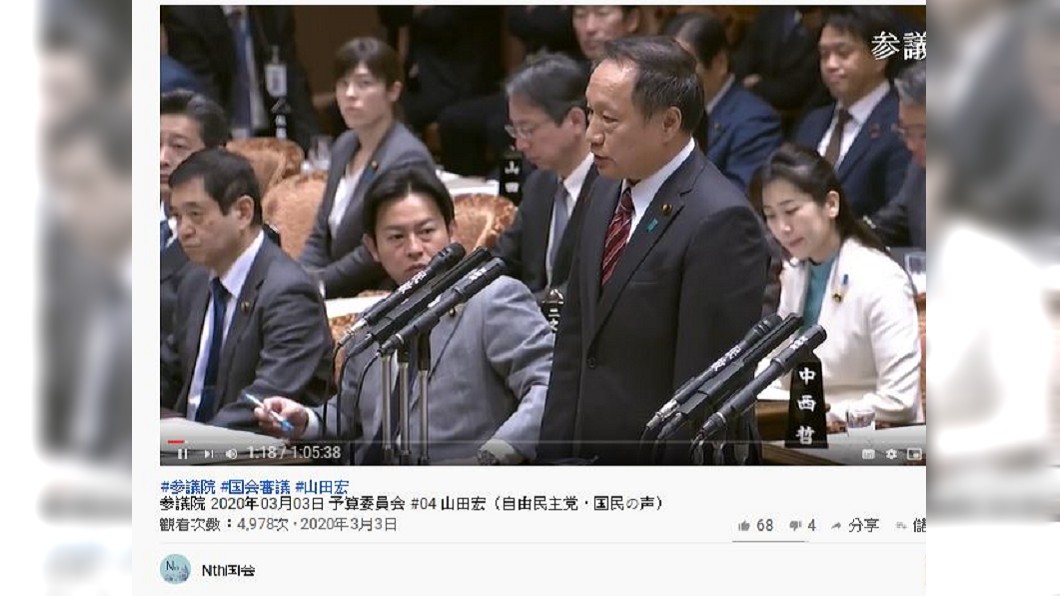 日本自由民主黨山田宏近日質詢時稱「武漢肺炎」引網熱議。(圖/翻攝自Nth国会 Youtube頻道)