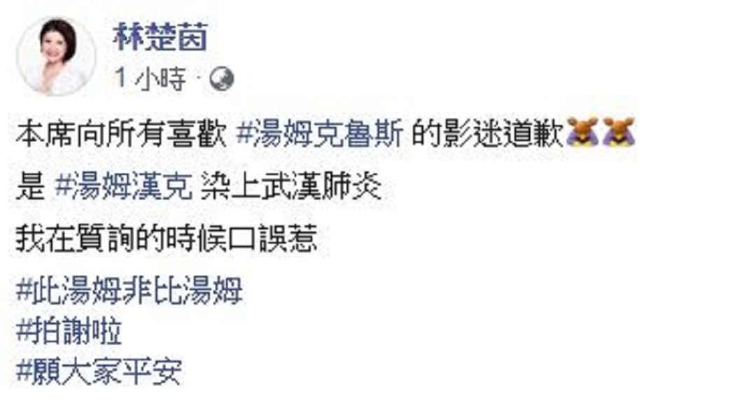 民進黨立委林楚茵在質詢時，口誤稱湯姆克魯斯確診新冠肺炎。（圖／翻攝自陳楚茵臉書)