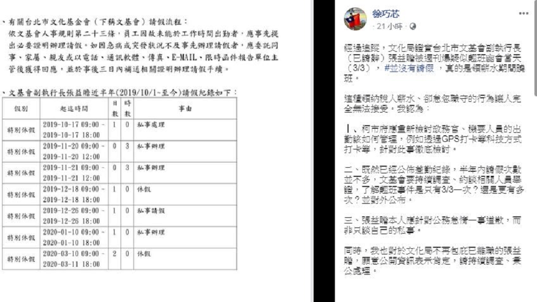 台北市議員徐巧芯昨(12日)曝光張益贍的請假記錄發現幽會當日未請假。(圖/翻攝自徐巧芯臉書)