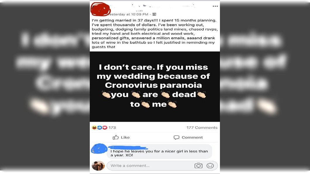 國外1名準新娘提到原本將舉辦婚禮,憂心親友因為疫情而不來了,竟然罵他們去死。(圖/翻攝自reddit)
