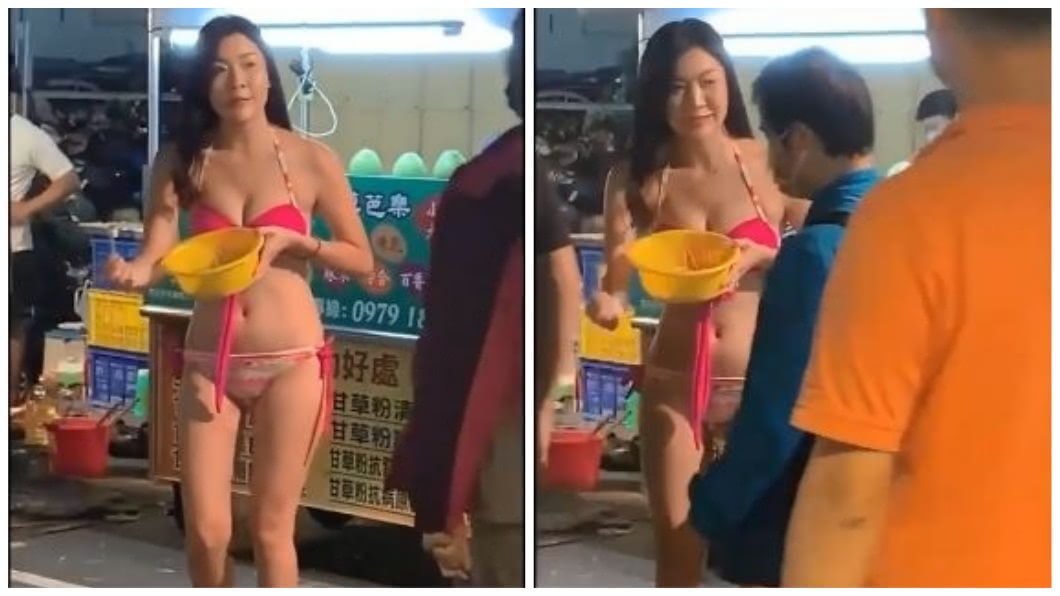雲林一處夜市出現比基尼辣妹賣芭樂的畫面,引發網友熱烈討論。(圖/翻攝自臉書粉絲團黑色豪門企業合成)