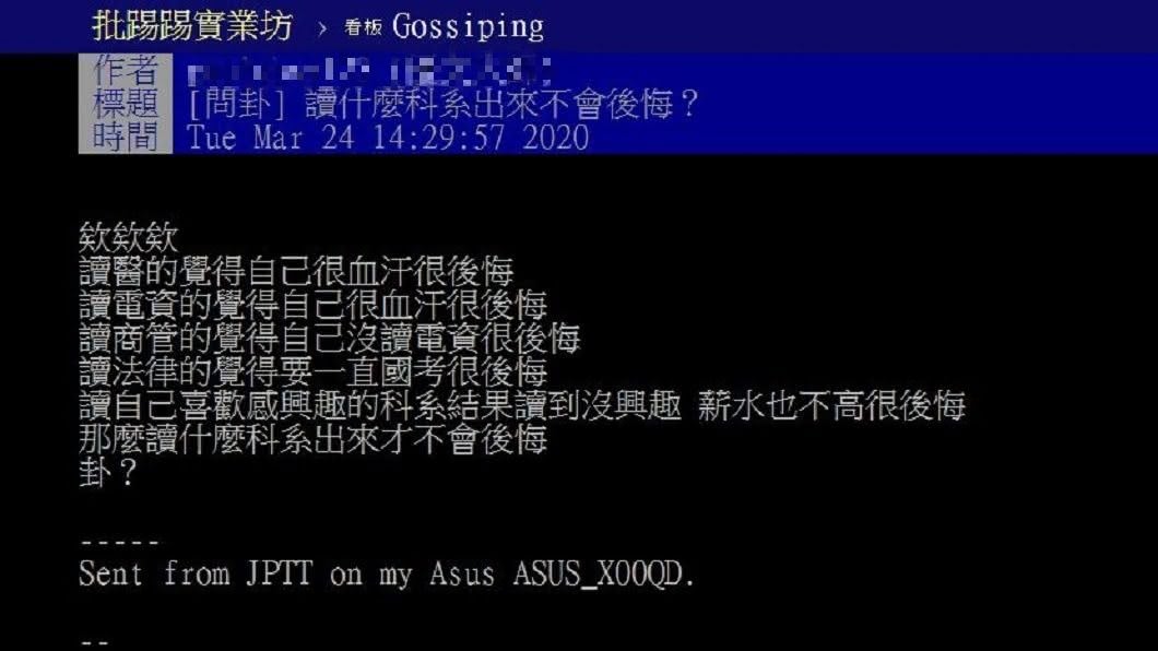 有網友發文詢問念什麼科系畢業出來之後最不會後悔。(圖/翻攝自PTT)
