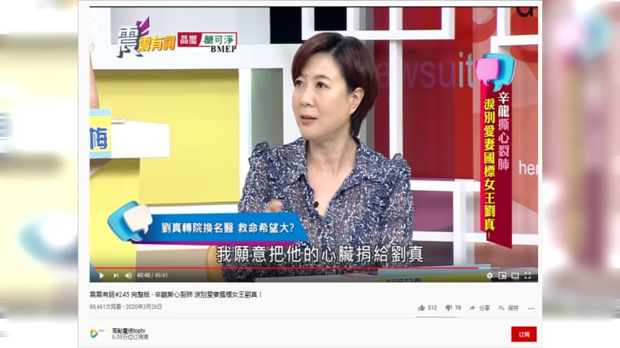 洪素卿透露,曾有腦死患者的家屬表示願意捐心給劉真。(圖/翻攝自YouTube)