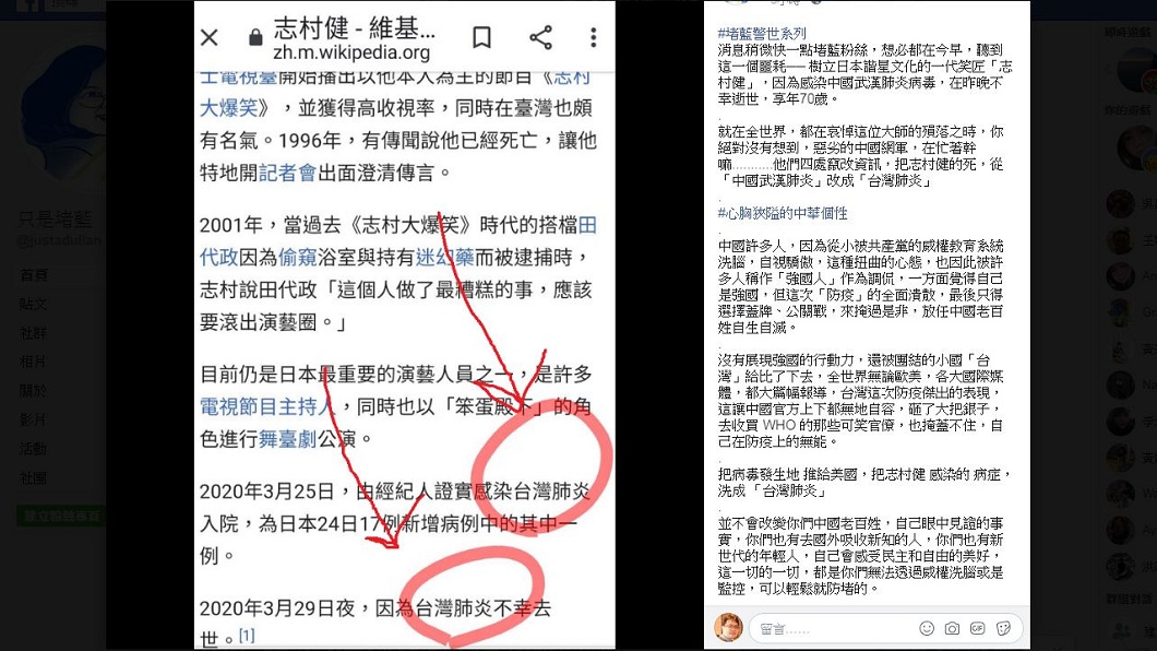 志村健的過世竟讓兩岸網友打起筆戰。(圖/翻攝自只是堵藍臉書粉絲團)