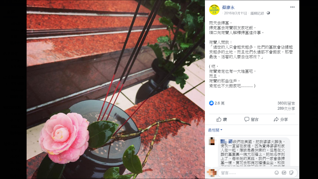 蔡康永分享和荷蘭友人討論掃墓的經歷。(圖/翻攝自蔡康永臉書)