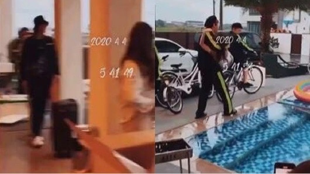 小豬(圖左)穿著休閒,大根(圖右)遭爆抱著身材火辣的女子走向泳池。(圖/翻攝自微博)