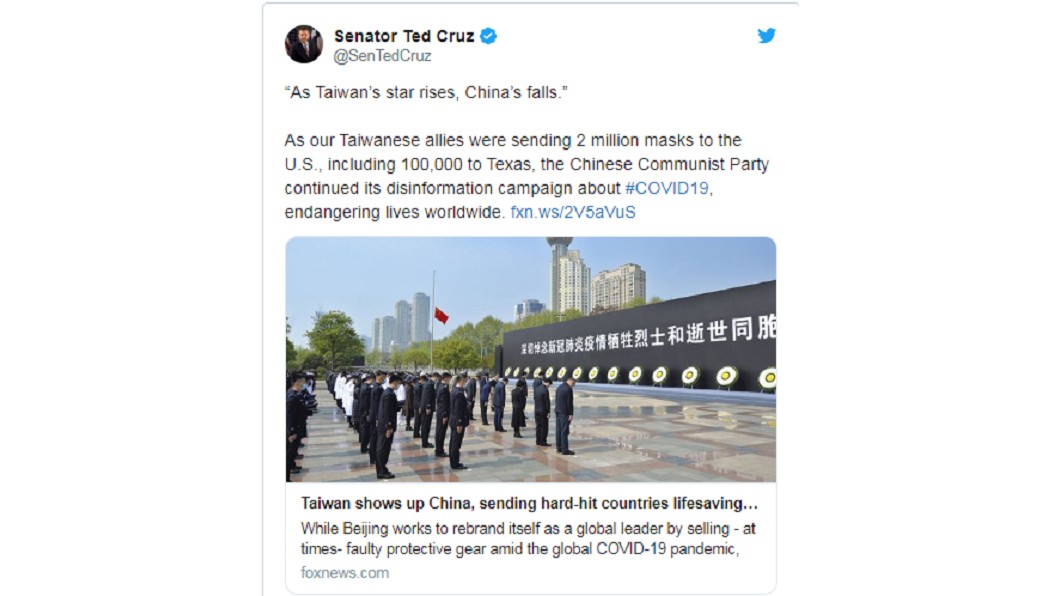 台捐贈千萬口罩!美參議員:台崛起.大陸墜落