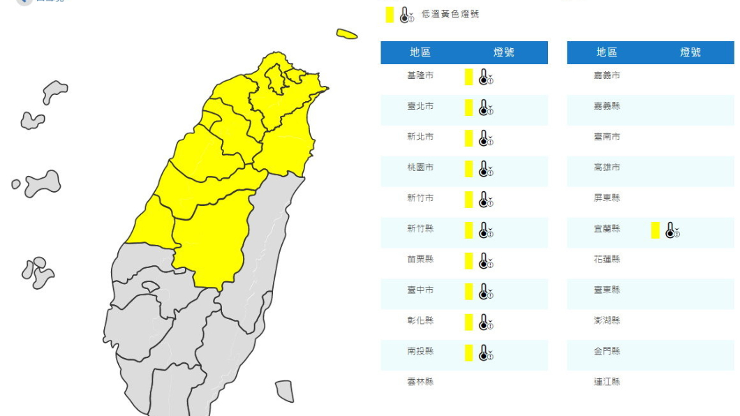 氣象局今(14日)晨針對11縣市發布低溫特報。(圖／翻攝自中央氣象局官網)