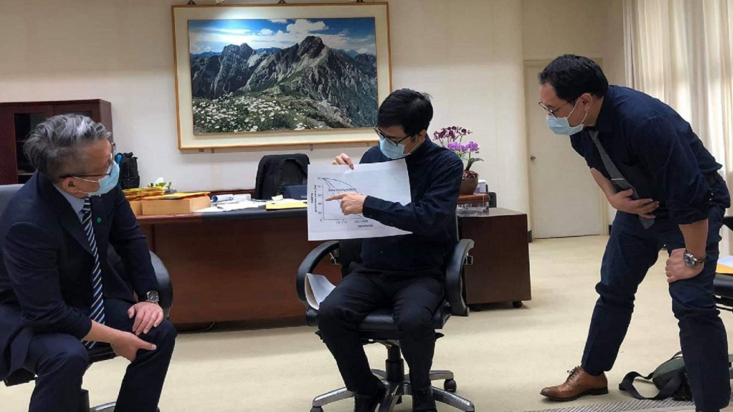 陳其邁化身公衛學堂講座教授，以圖表數字跟與會醫師代表分享普篩採檢。(圖／診所協會全聯會提供)