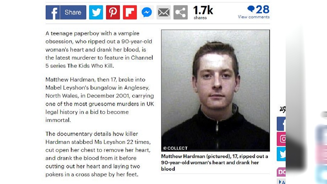 該名嫌犯不但將老奶奶殺害,還挖出她心臟烹煮飲血。(圖/翻攝自每日郵報)