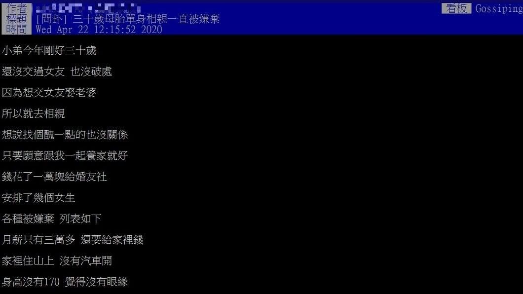 1名男網友分享自己相親遭打槍的經驗,網友一看全怒了。(圖/翻攝自PTT)