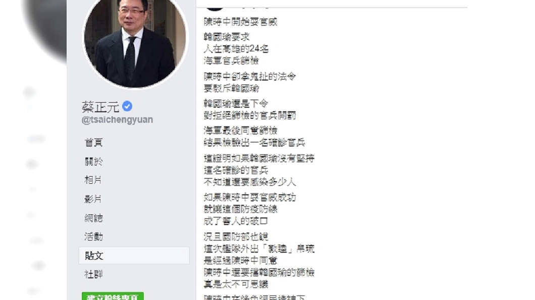 蔡正元在臉書批評,「陳時中開始耍官威。」(圖/翻攝自蔡正元臉書)