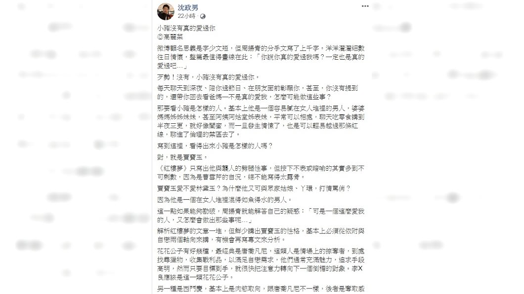 沈政男發文分析羅志祥屬於賈寶玉型男人。(圖/翻攝自沈政男臉書)