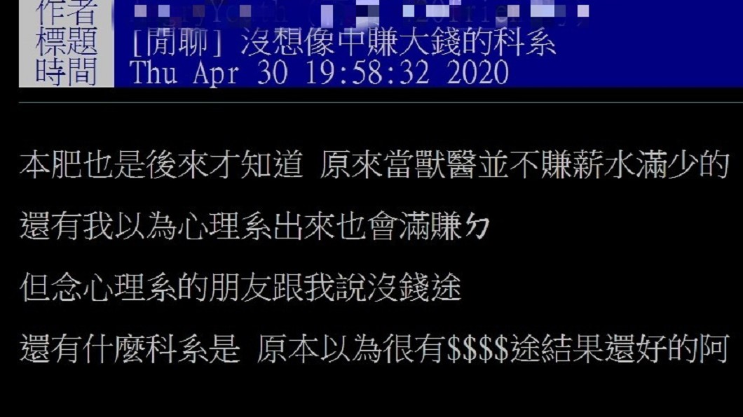 一名網友在PTT上以「沒想像中賺大錢的科系」為題發文。(圖/翻攝自PTT)