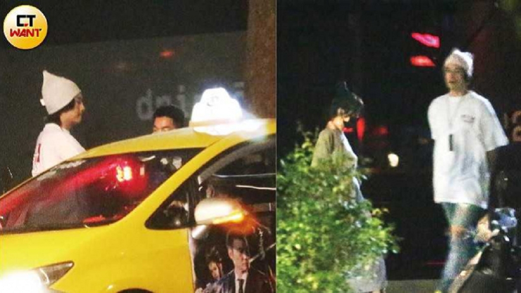 步出酒吧後,王心凌先行坐上計程車等待,藍蔚文和鄭元暢小聊一番後才與女友一同離去。(圖/CTWANT授權使用)