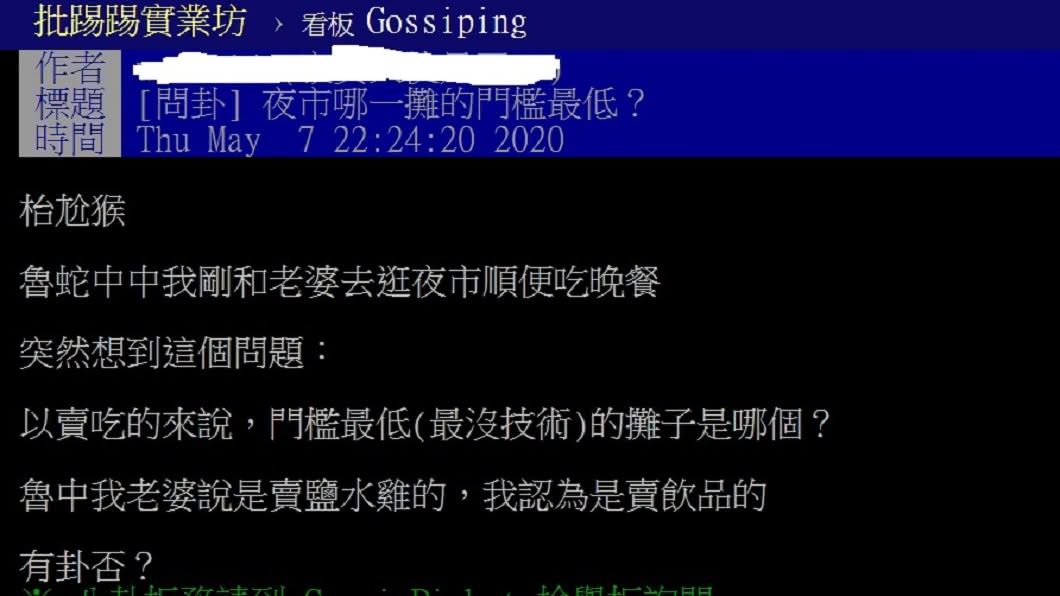網友日前在PTT八卦版上以「夜市哪一攤的門檻最低」為題發文。(圖/翻攝自PTT八卦版)